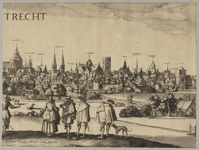 28374 Profiel van de stad Utrecht uit het westen gezien, met op de voorgrond enige personen te voet. In het ...